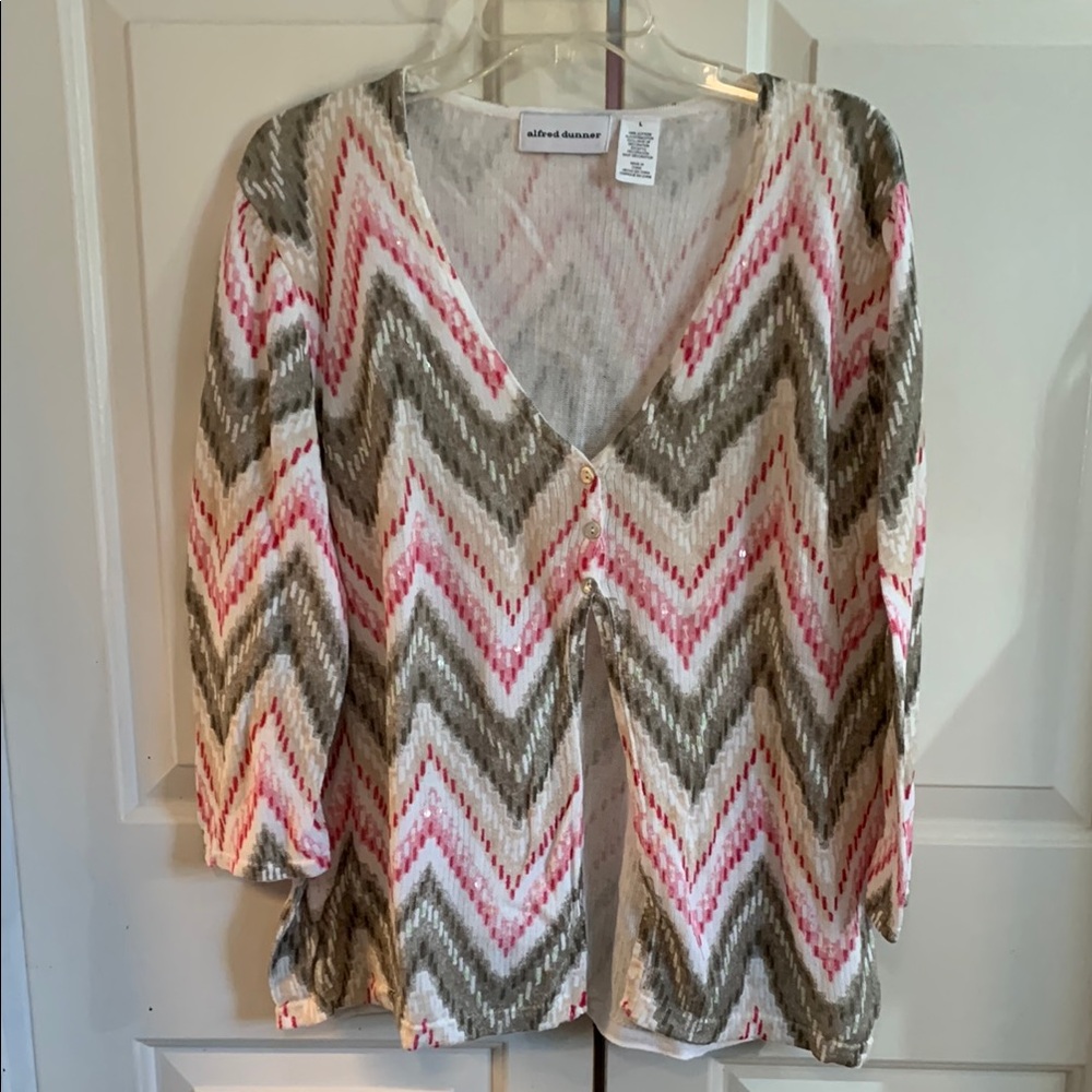 Alfred Dunner White and Pink Wrap Graphic Cardigan